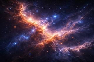 Ein leuchtender, farbenprächtiger kosmischer Nebel in Gold- und Blautönen, der wie glühender Dunst zwischen fernen Sternenhaufen und Galaxien schwebt.
