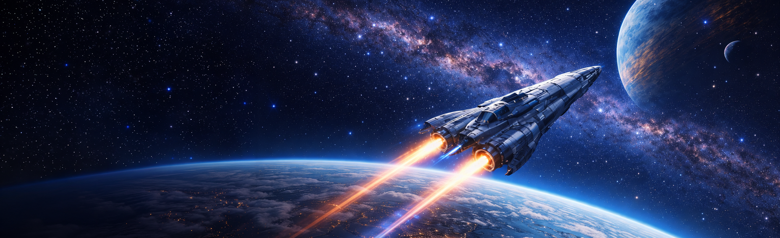 Detailreiche Illustration eines Sci-Fi-Raumschiffs im Flug, umgeben von kosmischen Gasnebeln und funkelnden Sternen.