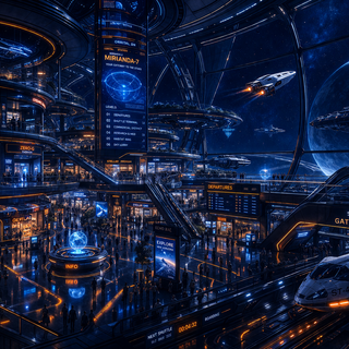 Blick in den weitläufigen, hell erleuchteten Korridor einer futuristischen Raumstation mit metallischen Wänden, großen Fensterfronten und technischen Anzeigen.“