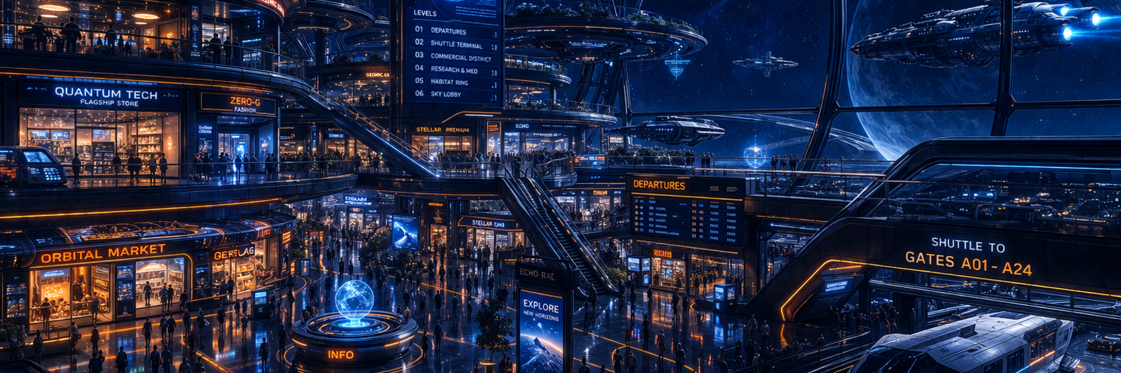 Blick in den weitläufigen, hell erleuchteten Korridor einer futuristischen Raumstation mit metallischen Wänden, großen Fensterfronten und technischen Anzeigen.“