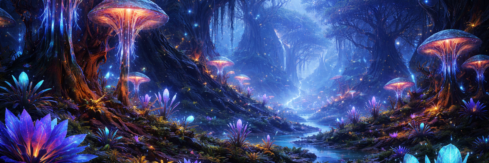 Ein surrealer, außerirdischer Garten auf einem fremden Planeten mit leuchtenden, exotischen Pflanzen, fremdartigen Felsformationen und einem Blick auf einen fernen Planeten am dunklen Sternenhimmel.