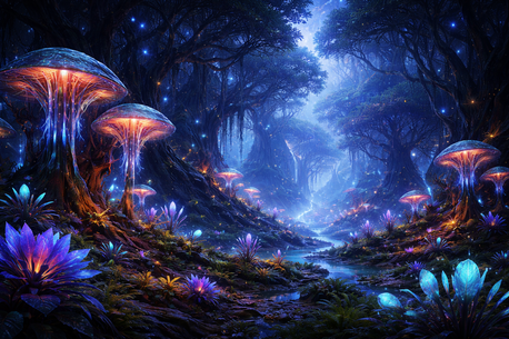Ein surrealer, außerirdischer Garten auf einem fremden Planeten mit leuchtenden, exotischen Pflanzen, fremdartigen Felsformationen und einem Blick auf einen fernen Planeten am dunklen Sternenhimmel.