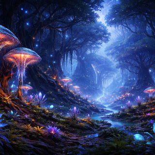 Ein surrealer, außerirdischer Garten auf einem fremden Planeten mit leuchtenden, exotischen Pflanzen, fremdartigen Felsformationen und einem Blick auf einen fernen Planeten am dunklen Sternenhimmel.